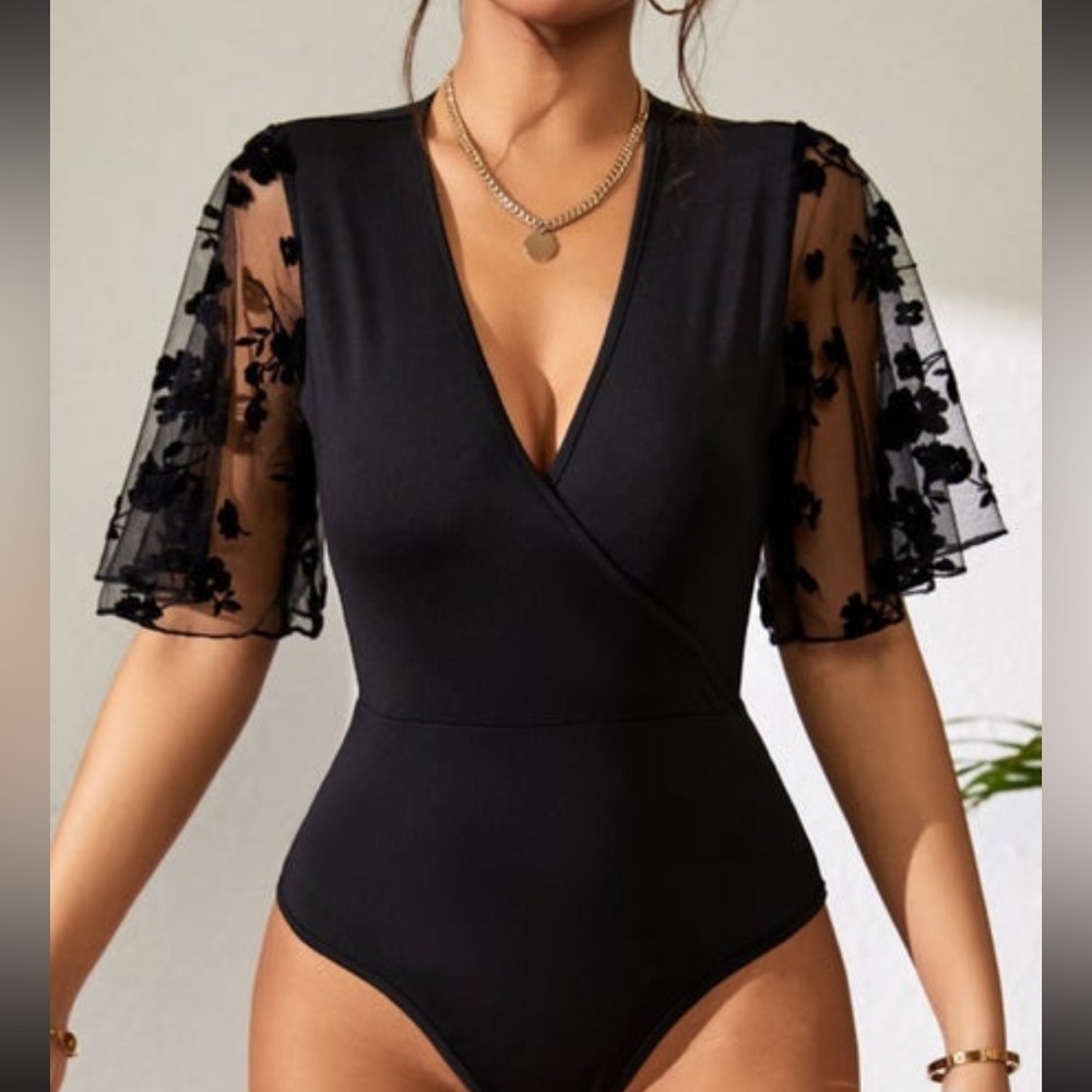 V-neck Bodysuit with Lacy, Flowy Sleeves